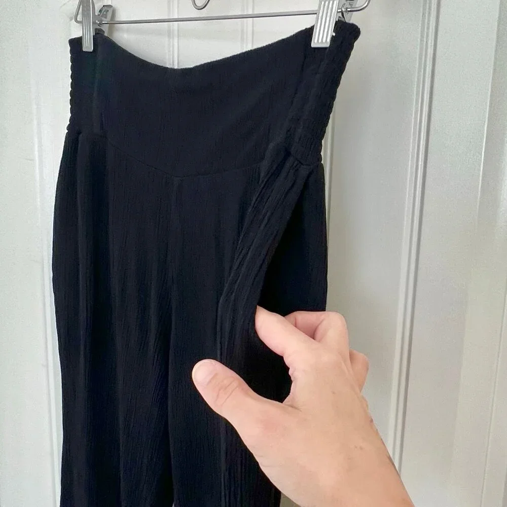 Three Dots Black Smocked Waist Wide Leg Gauze Beach Pant with Pockets Sz Medium - Picture 5 of 9